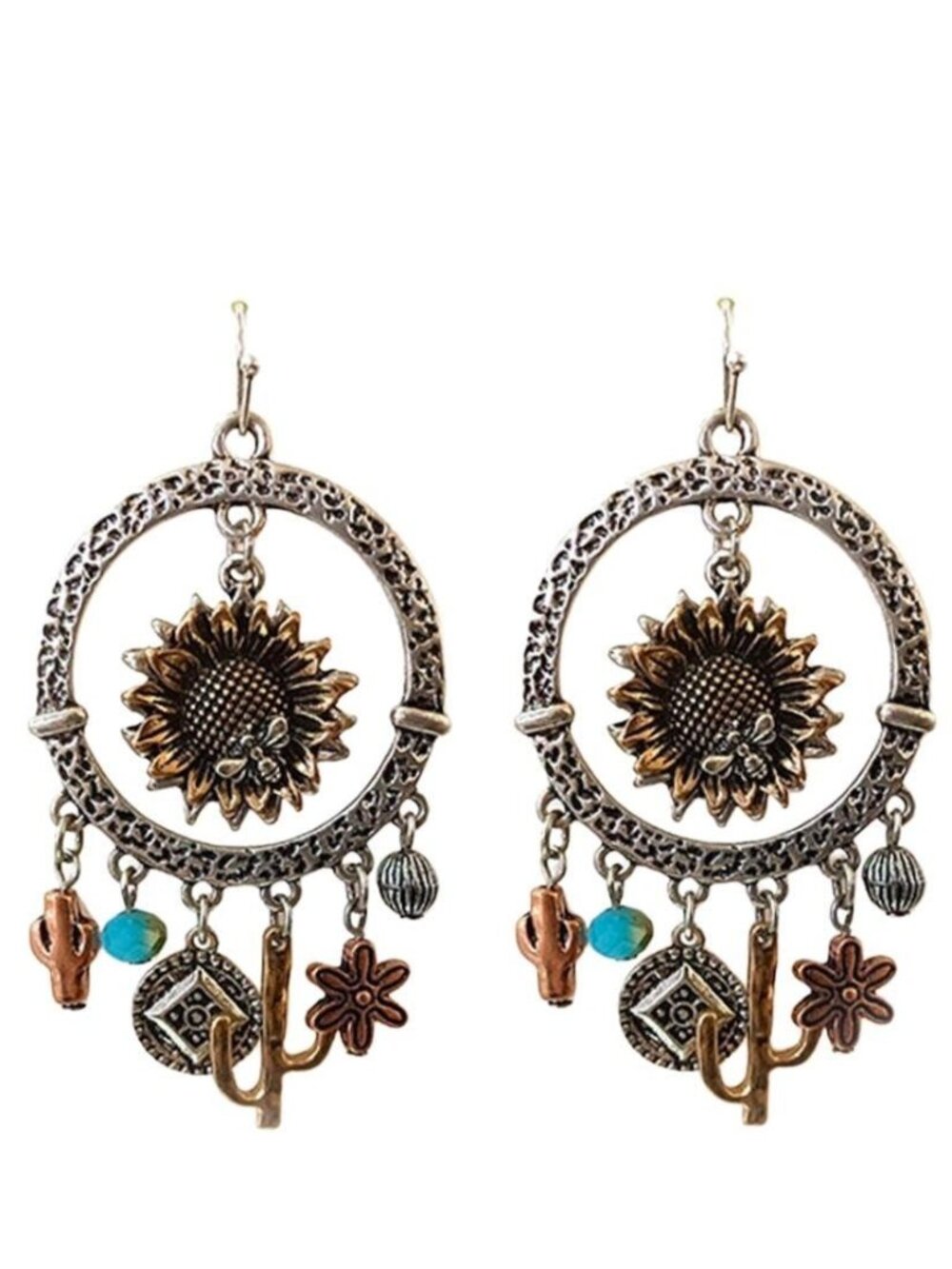 J12 Western Style Multi Charm Dangle Earring Cactus Sunflower New - Picture 1 of 1